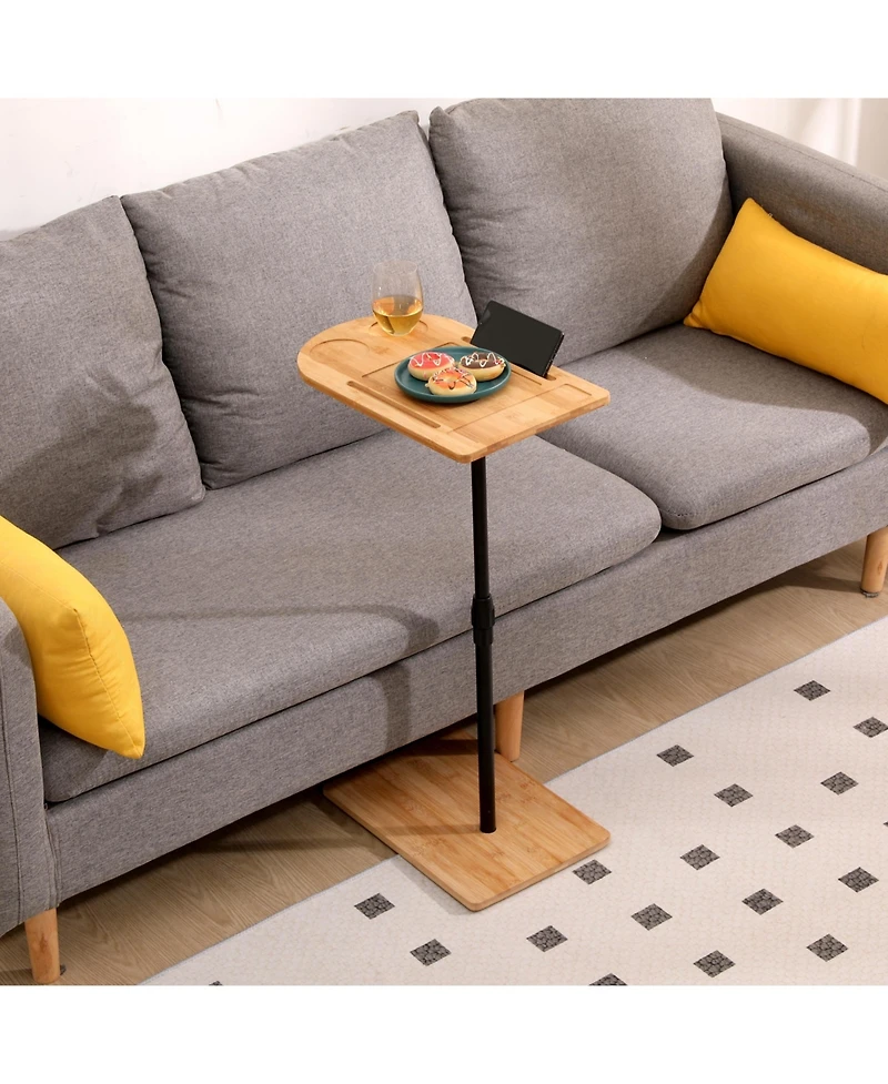 sumyeg Adjustable Bamboo C-Shaped Couch Tray Table Coffee Table with Oval and Rectangle Design