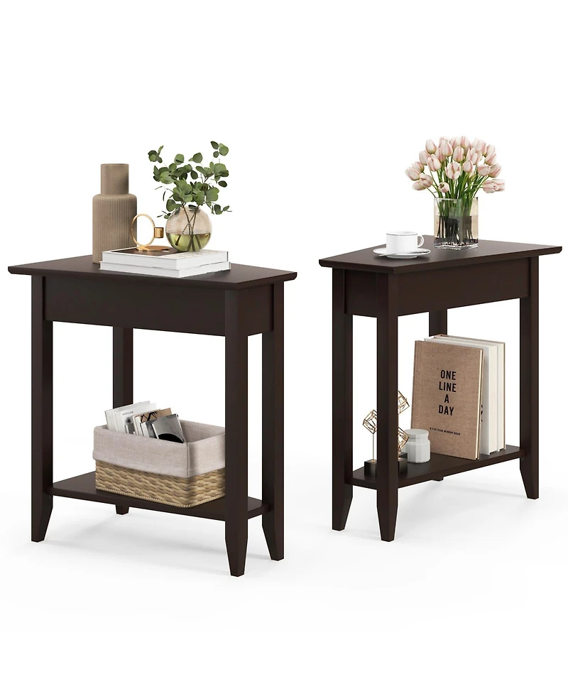 sumyeg 2-Tier Wedge Narrow End Table with Storage Shelf and Solid Wood Legs