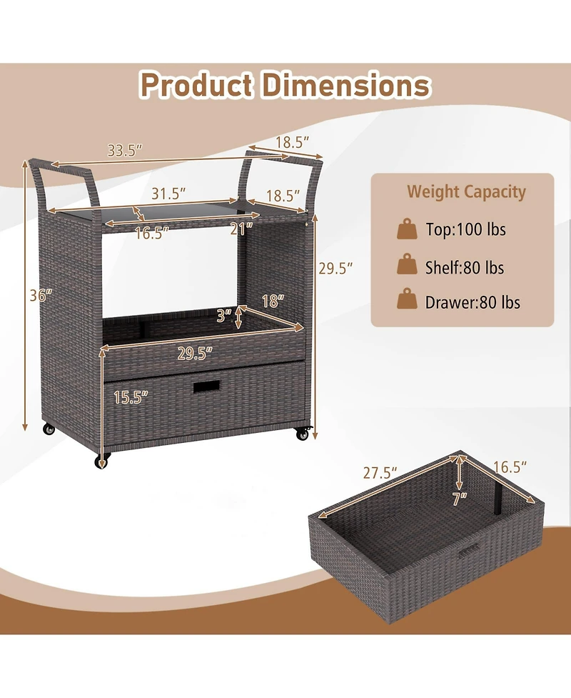 sumyeg Outdoor Wicker Bar Cart with Tempered Glass Top