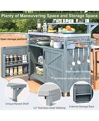 sumyeg 53.3inch Outdoor Kitchen Island with Raised Shelf, Solid Wood Storage Cabinet, Rolling Grill Cart with Rack, Adjustable Shelf and Spice Rack