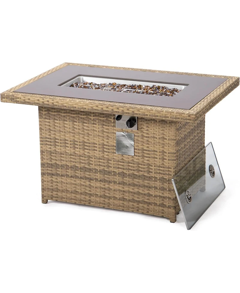 LeisureMod Mace 44" Outdoor Fire Pit Table – 55,000 Btu Propane Gas with Wicker Frame, Tempered Glass Wind Guard and Crystal Beads