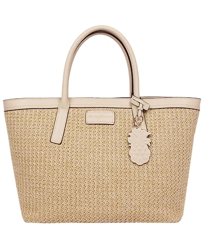 Tommy Bahama Raffia and Pu Large Logo Tote – Woven Straw Beach Tote with Pineapple Charm