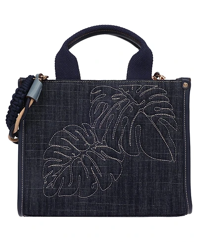 Tommy Bahama Dorothy Medium Denim Tote – Embroidered Leaf Convertible Top Handle and Crossbody Bag