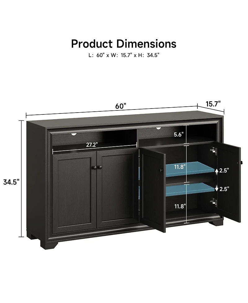 Yigii Sideboard Buffet Cabinet 4 Doors Open Shelf Adjustable Kitchen Coffee Bar Console Table Living Room Hallway