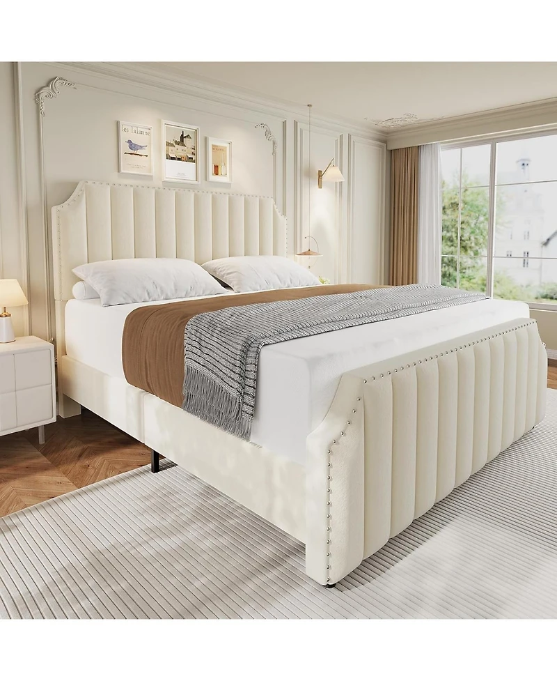 gaomon Velvet Bed Frame, Vertical Channel Tufted 50.2" Tall Headboard and Footboard with Nailhead Trim, Upholstered Platform