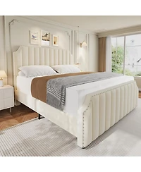 gaomon Velvet Bed Frame, Vertical Channel Tufted 50.2" Tall Headboard and Footboard with Nailhead Trim, Upholstered Platform