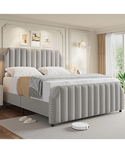 gaomon Velvet Bed Frame, 50.2 in Tall Headboard & Footboard, Upholstered Platform Queen Bed Frame with Nailhead Trim, No Box Spring Needed