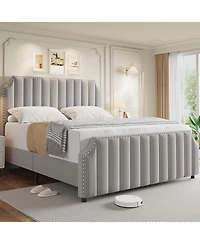 gaomon Velvet Bed Frame, 50.2 in Tall Headboard & Footboard, Upholstered Platform Queen Bed Frame with Nailhead Trim, No Box Spring Needed