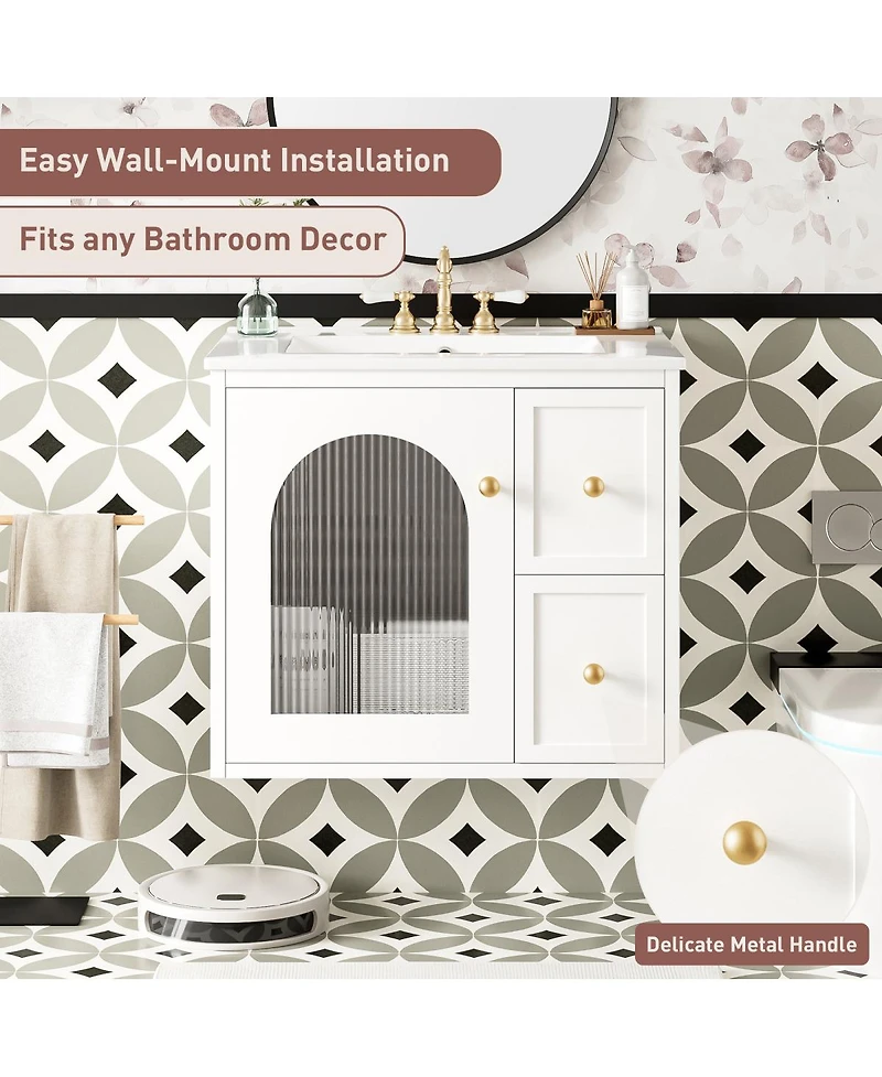 Sillysis 24" Wall Mount Bathroom Vanity with Glass Door, Ceramic Sink & 2 Drawers, Space Saving Storage for Small Bathrooms-Sillysis