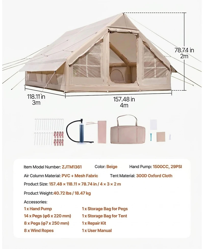 Skonyon Inflatable Camping Tent for 5-8 Person Easy Setup with Pump and Mesh Windows