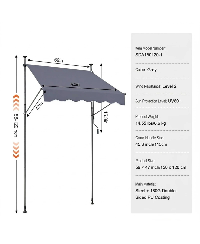 Sugift 59 x 47in Retractable Patio Awning Sunshade Shelter for Patio and Balcony