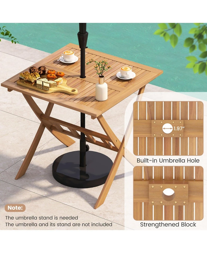 Gouun 36 in Acacia Wood Folding Patio Dining Table with Umbrella Hole