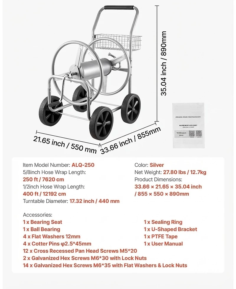Sugift Mobile Steel Hose Reel Cart with Storage Basket Holds Up to 250 ft of Hose