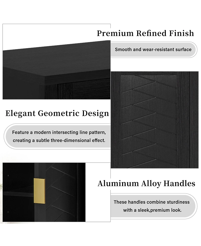 Rainsken 55" Modern Sideboard Buffet Cabinet, 4 Doors Storage Cabinet with Open Shelf, Adjustable Shelves and Double Hooks for Kitchen, Living Ro
