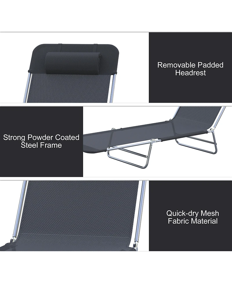 Outsunny Portable Sun Lounger, Lightweight Folding Chaise Lounge Chair w/ Adjustable Backrest & Pillow for Beach, Poolside and Patio