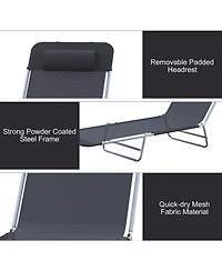 Outsunny Portable Sun Lounger, Lightweight Folding Chaise Lounge Chair w/ Adjustable Backrest & Pillow for Beach, Poolside and Patio