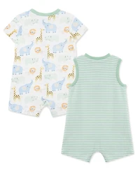 Little Me Baby Boys' Safari Short-Sleeve and Sleeveless Romper, 2-Pack Set