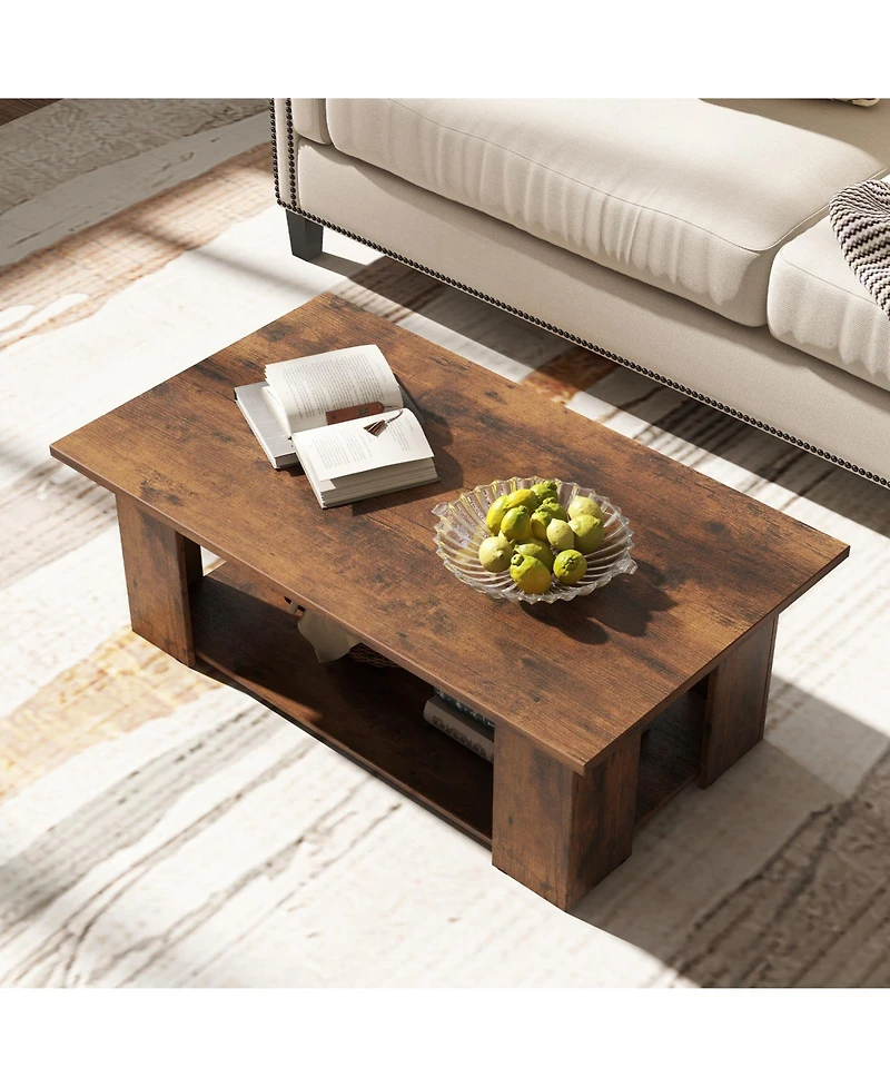 Gouun 41-Inch 2-Tier Wooden Coffee Table with Open Storage Shelf