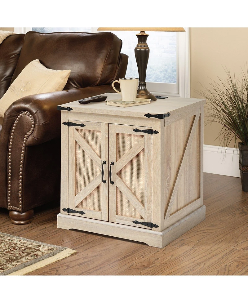 Gouun Farmhouse Rattan Storage End Table 24-Inch with Usb Ports
