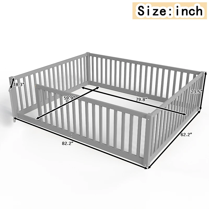 Streamdale Furniture Bed Floor Bed with Safety Guardrails and Door
