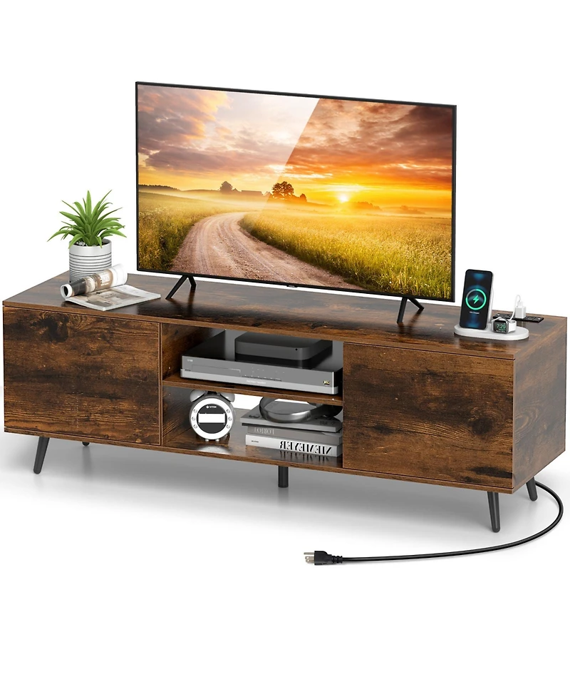 Sugift Tv Stand with Power Outlets and Adjustable Shelf for 60 Inch TVs-Rustic