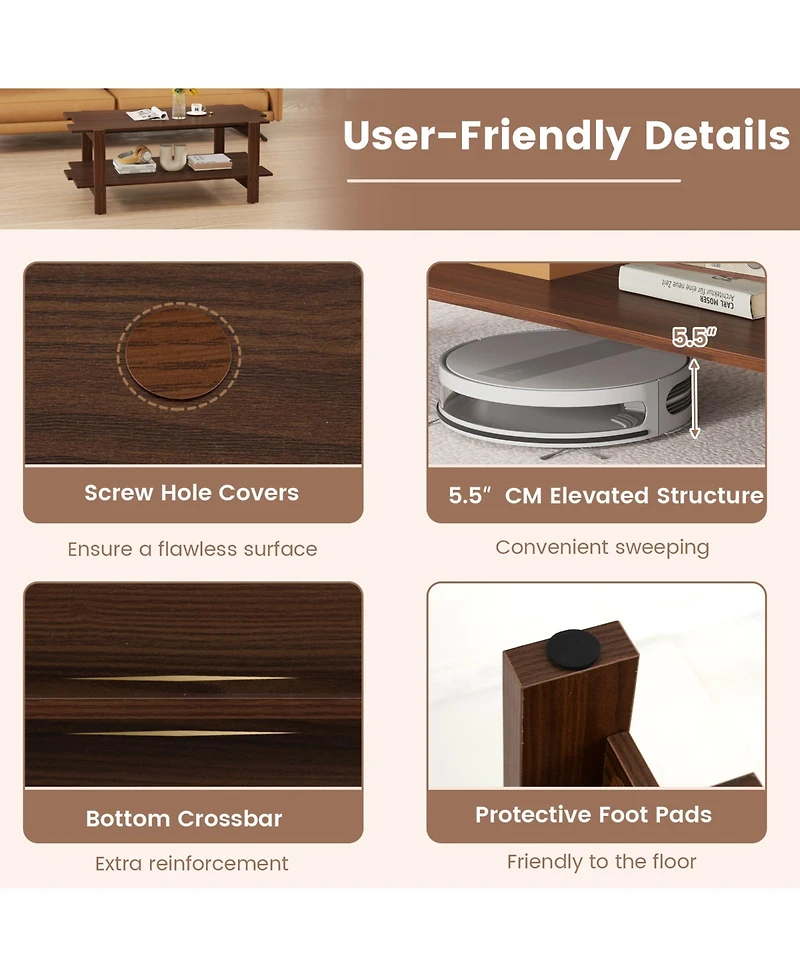 Gouun 45-Inch 2-Tier Slatted Wood Coffee Table with Storage