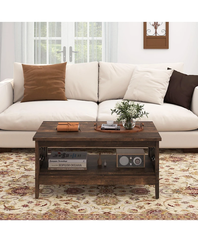 Gouun 39.5 Farmhouse 2-Tier Coffee Table with Woven Accents and Open Storage Shelf