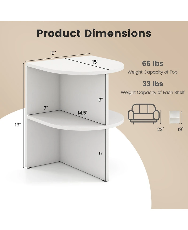 Gouun Half Round End Table with Two Open Shelves for Small Spaces, 15 x 15 x 19 in