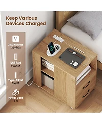 Gouun Rolling End Table with Charging Station, Drawers, and Open Shelves on Wheels