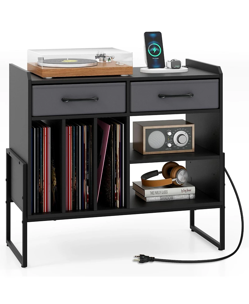 Gouun Large Mid-Century Record Player Stand with Charging Station and Vinyl Cabinet, 30 x 14 x 27 in