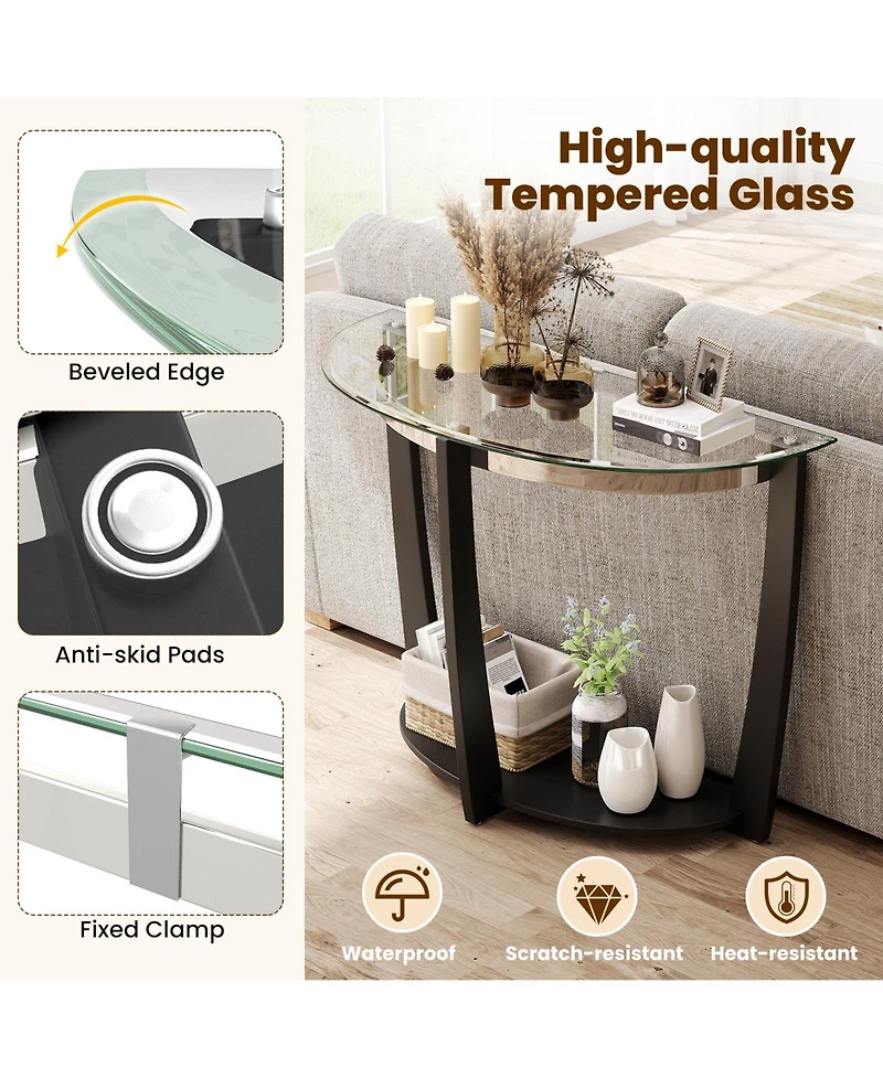 Gouun 2-Tier Tempered Glass Half-Moon Console Table with Open Shelf, 40 x 16 x 30 in