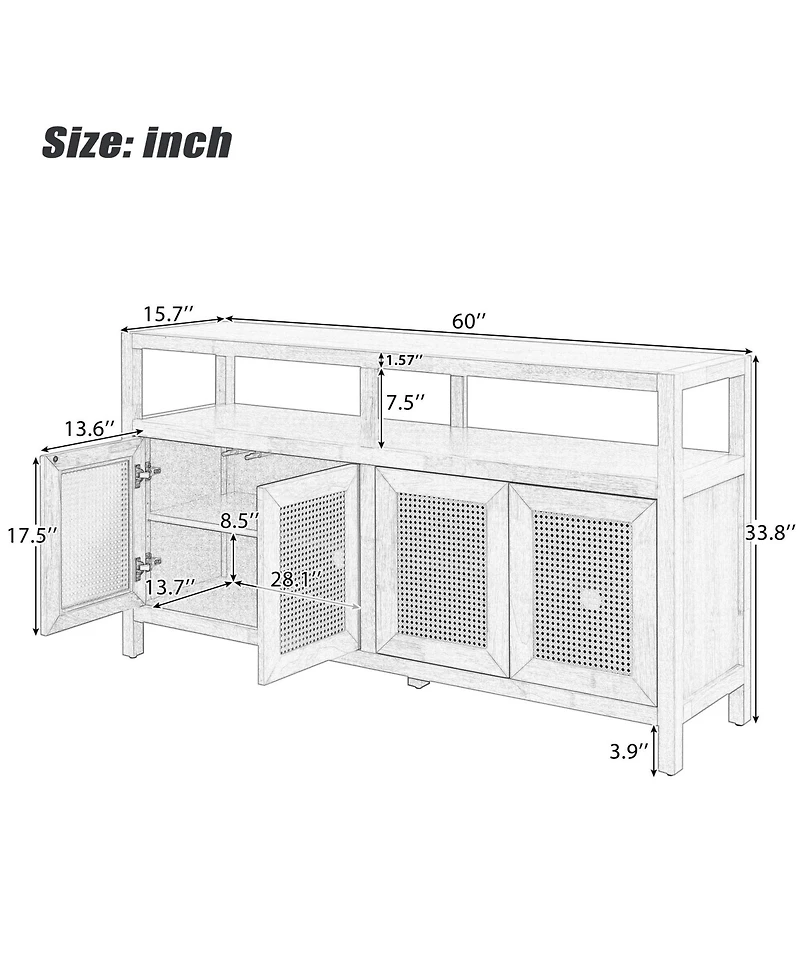 Rainsken Rattan Buffet Storage Cabinet, Bohemian Style Sideboard with Adjustable Shelves, No-Handle Push-to-Open Design for Living and Dining Rooms