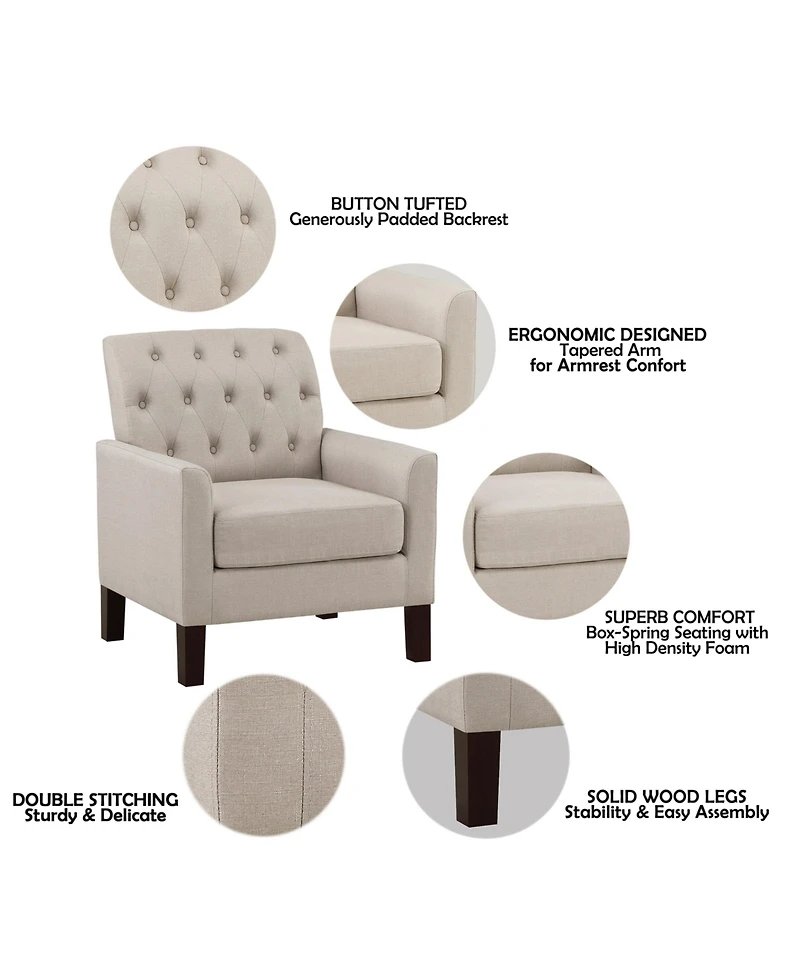 Boyel Living Classic Button-Tufted Linen Accent Chair with Solid Wood Legs