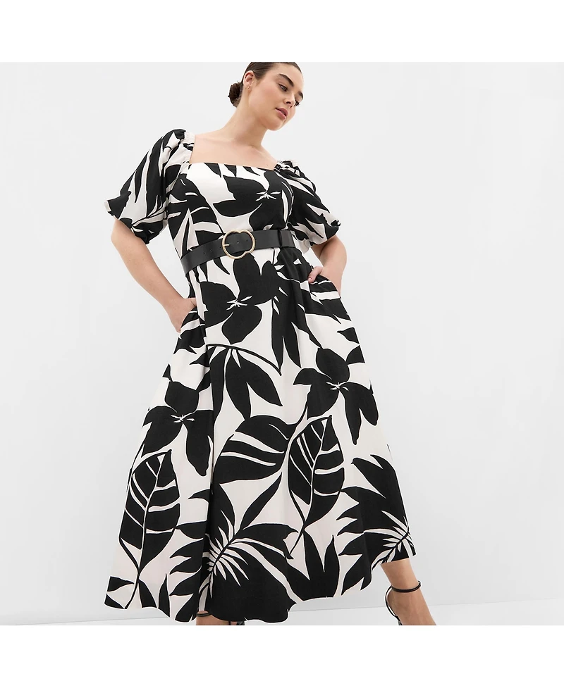 City Chic Plus Collins Oasis Print Belted Maxi Dress