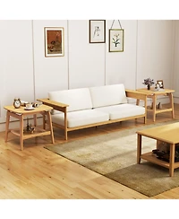 Gouun Boho Bamboo 2-Tier Sofa Side Table with Faux Rattan Shelf