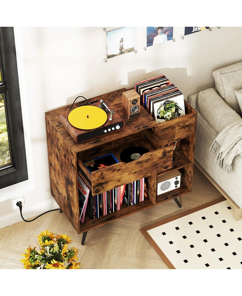 Gouun Record Player Stand with Power Outlet and Vinyl Storage Cubby, 31.5 x 16 x 31 in