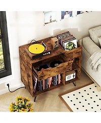 Gouun Record Player Stand with Power Outlet and Vinyl Storage Cubby, 31.5 x 16 x 31 in