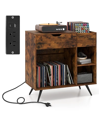 Gouun Record Player Stand with Power Outlet and Vinyl Storage Cubby, 31.5 x 16 x 31 in