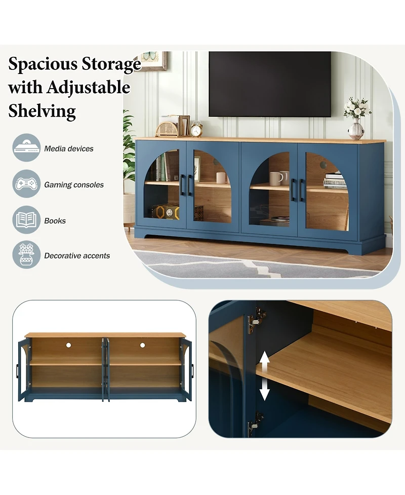 Rainsken Farmhouse Tv Stand for TVs , Two-Tone Media Console Table with Semi-Arched Glass Doors and Cable Management for Living Room