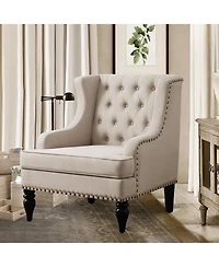 Boyel Living Vintage Button-Tufted Linen Accent Chair with Nailhead Trim, Plush Seat and Solid Wood Legs