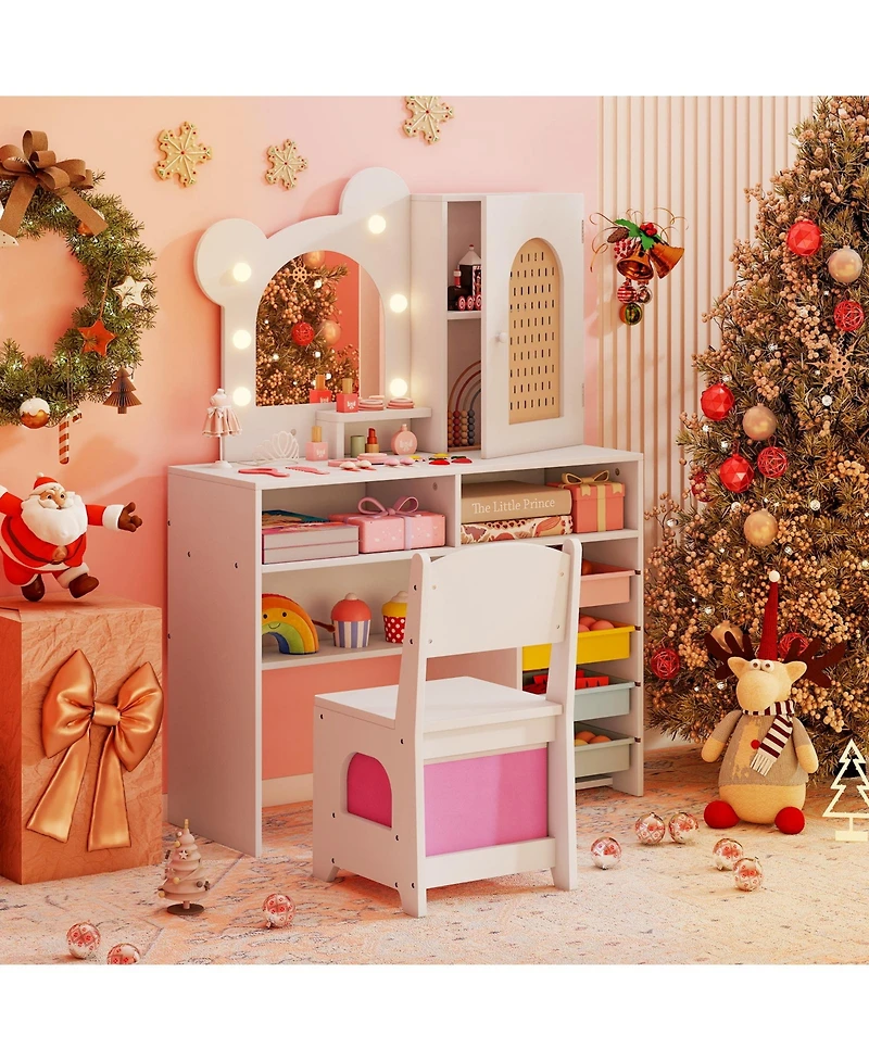 Slickblue Children s Vanity with Led Lights and 5 Drawers, Kids Makeup Table