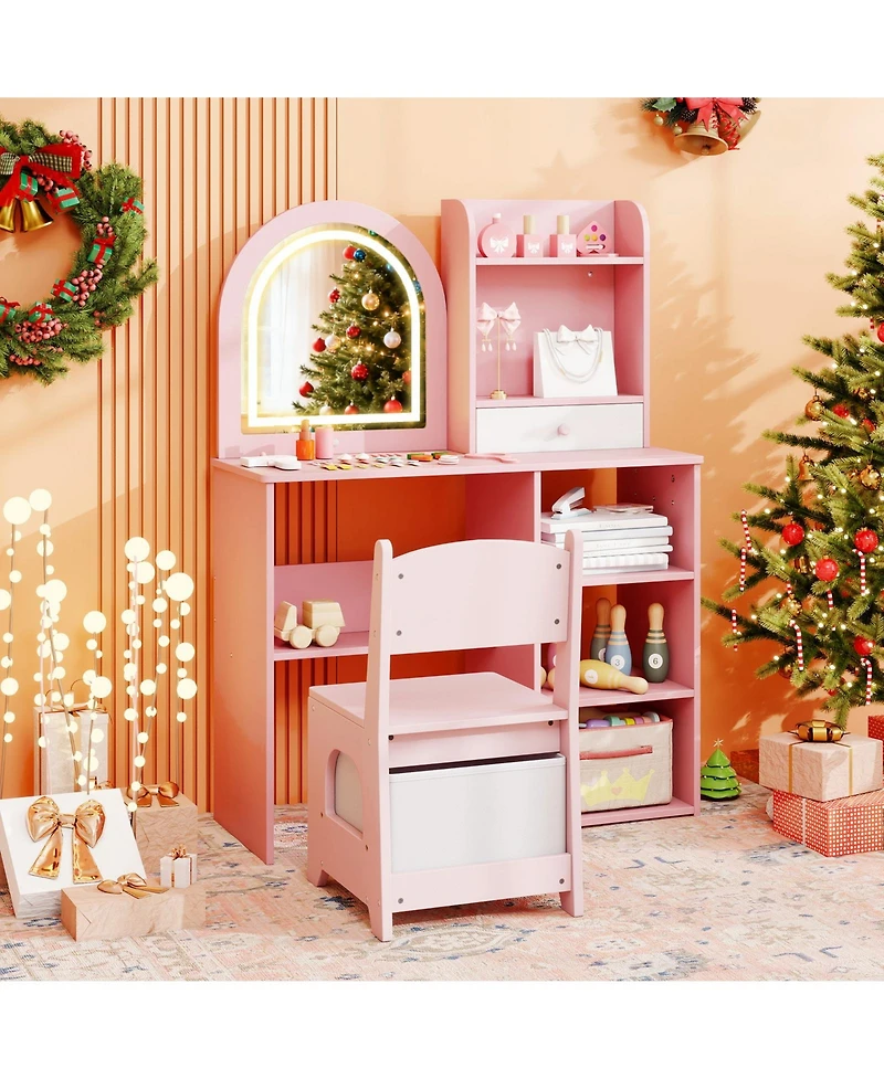 Slickblue Girls Makeup Vanity Desk Set with Chair and 3-Color Led Mirror