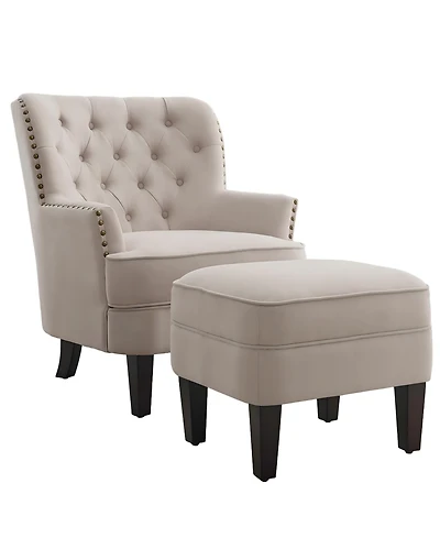 Boyel Living Vintage Button-Tufted Velvet Chair and Ottoman Set with Nailhead Trim and Solid Wood Legs