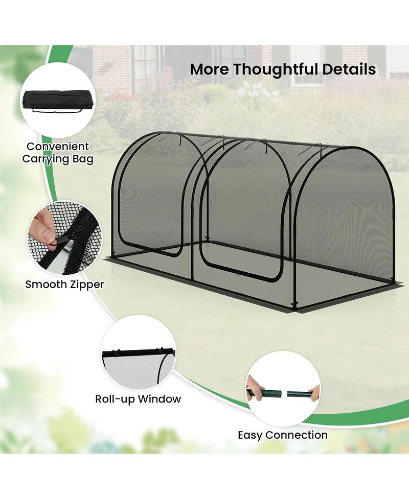 Sugift Tunnel Crop Cage Large Portable Plant Protection Tent with 2 Roll-up Zippered Doors