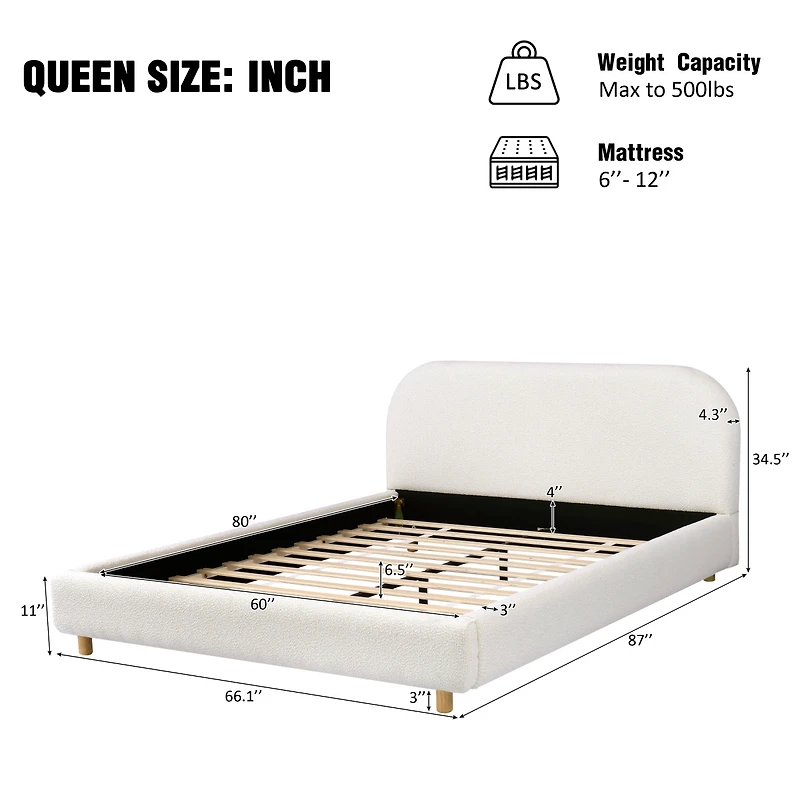 Streamdale Furniture Boucle Queen Upholstered Bed, Curved Headboard