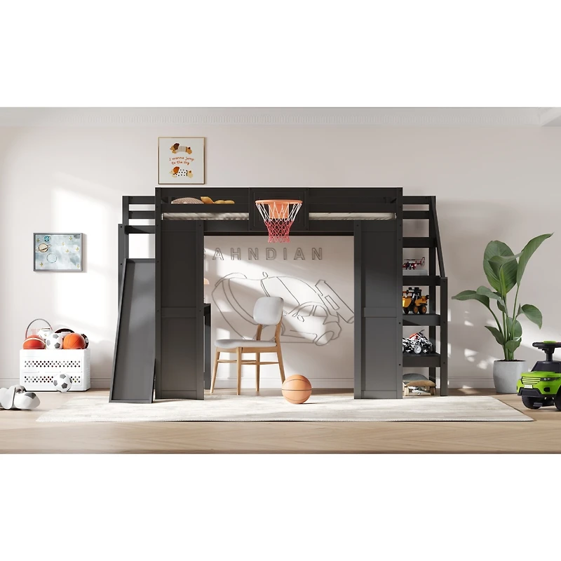 Streamdale Furniture Wooden Loft Bed w/ Desk, Hoop, Slide, Stairs