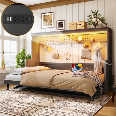 Streamdale Furniture Full Size Murphy Bed with a desk, Usb Charging Station, Led Lights