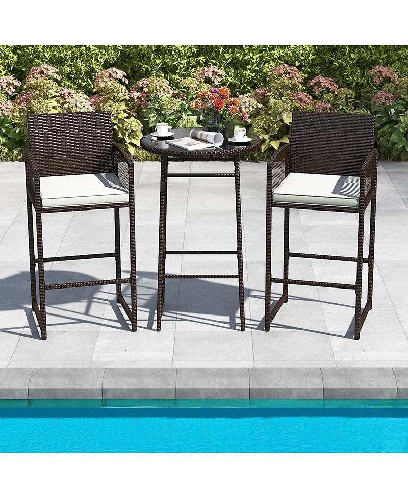 Gouun 3-Piece Outdoor Wicker Bar Set with Tempered Glass Round Table and 2 Cushioned Armchairs