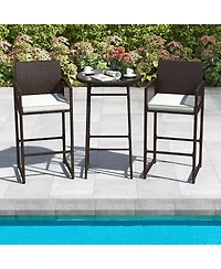 Gouun 3-Piece Outdoor Wicker Bar Set with Tempered Glass Round Table and 2 Cushioned Armchairs