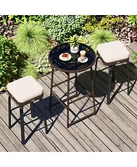 Gouun 3-Piece Outdoor 360-Degree Swivel Pe Rattan Bar Set with Tempered Glass Table